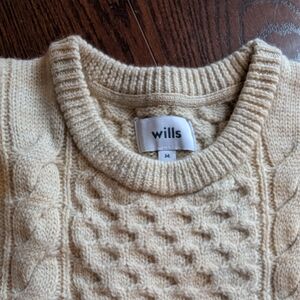 Wills Mens Cream Cable-Knit Crewneck Sweater Sz M Fishermancore Grandpa